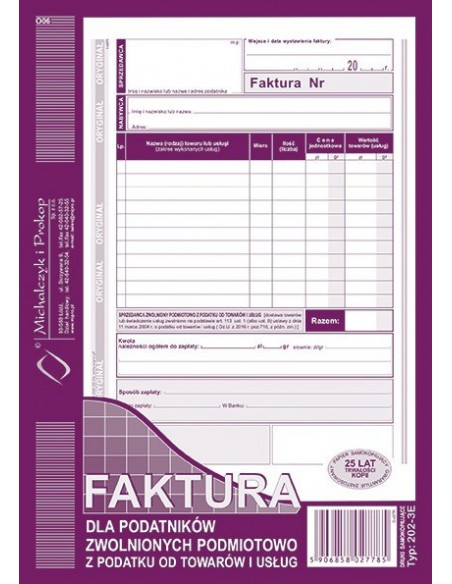Druk Faktura dla Podatnika Zwolnionego 2-składnikowy A5 202-3E