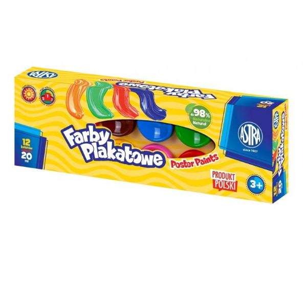 Farby plakatowe Astra 12 kolorów x 20 ml - Przybory szkolneTygrysek Biuro Serwis