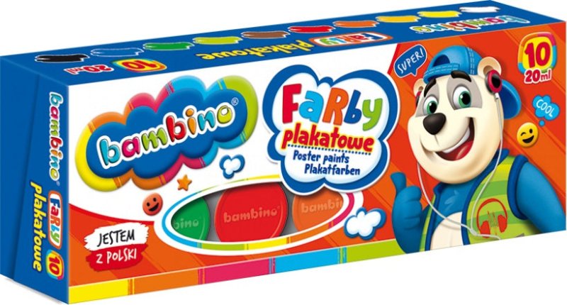 Farby plakatowe Bambino – 10 kolorów, słoiczki 20 ml - Farby i akcesoria plastyczneTygrysek Biuro Serwis