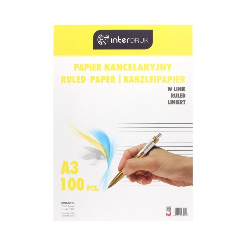 Papier kancelaryjny A3 w linię 100 kartek ryza - Papier i druki